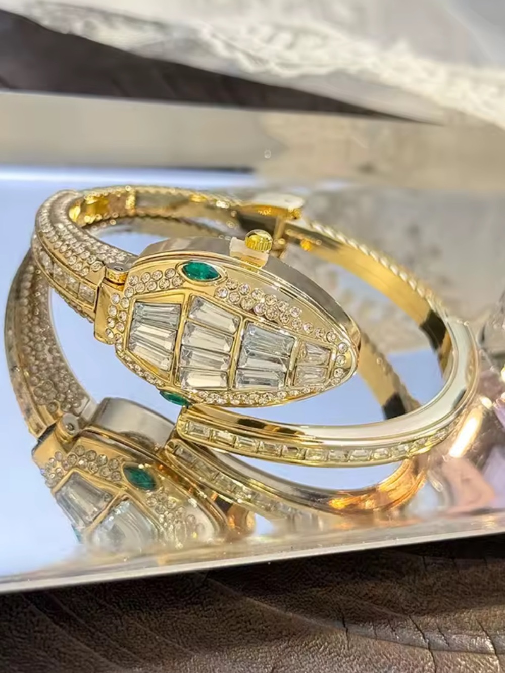 & Other Stories Gold Crystal Bangle with Emerald Accents watch
